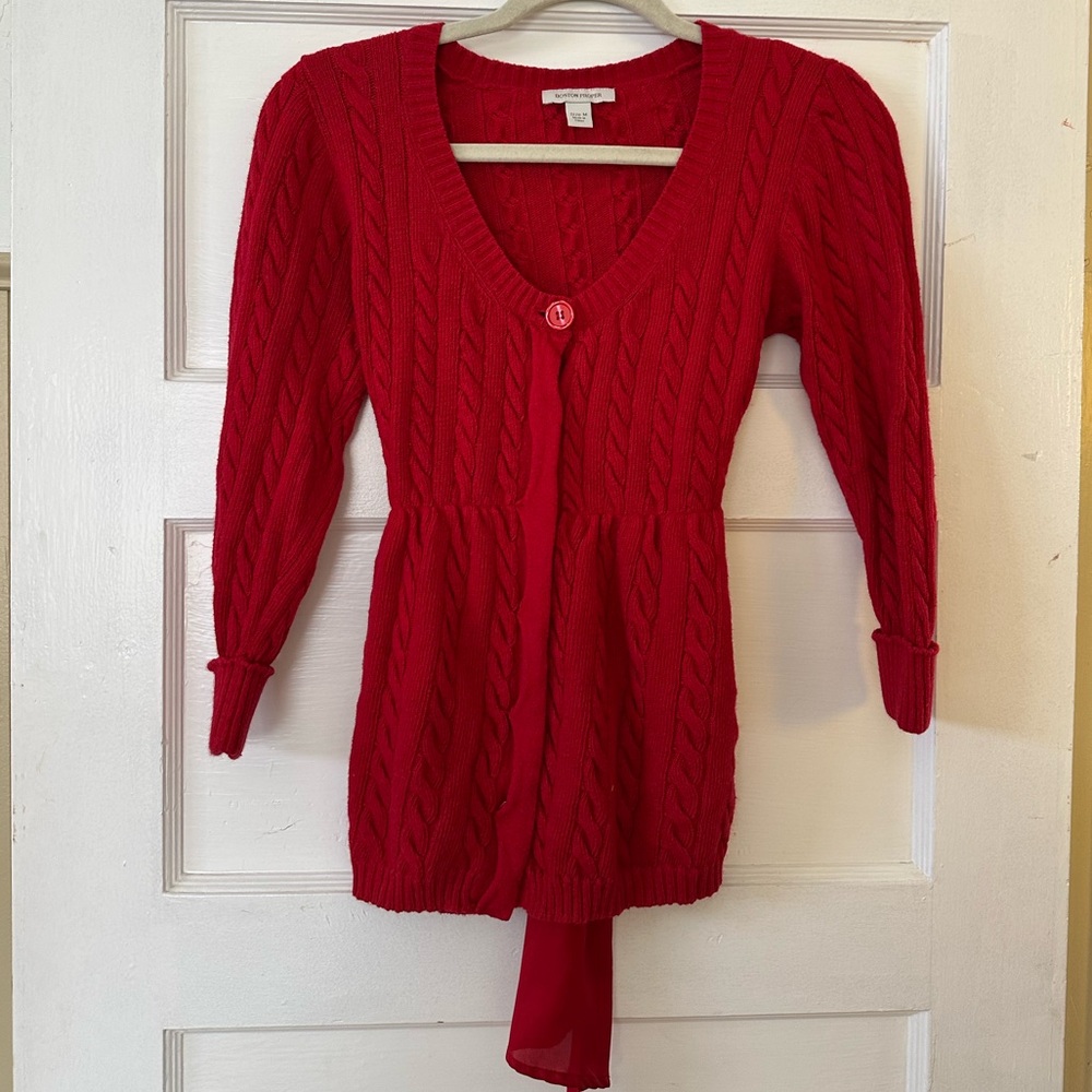 Boston Proper Red Cardigan Babydoll top V-Neck and Tie Waist Y2K holiday preppy